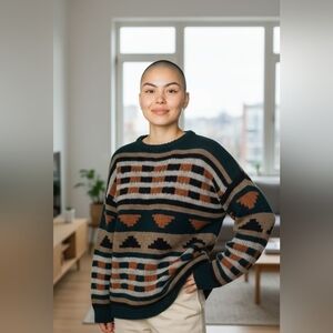 Autumn Coloured Cozy Multicolor Striped Sweater Handknitted Size L